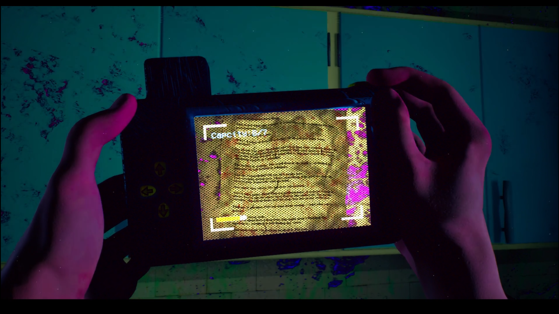 A prototype gameplay screenshot showing a camera revealing a hidden note.