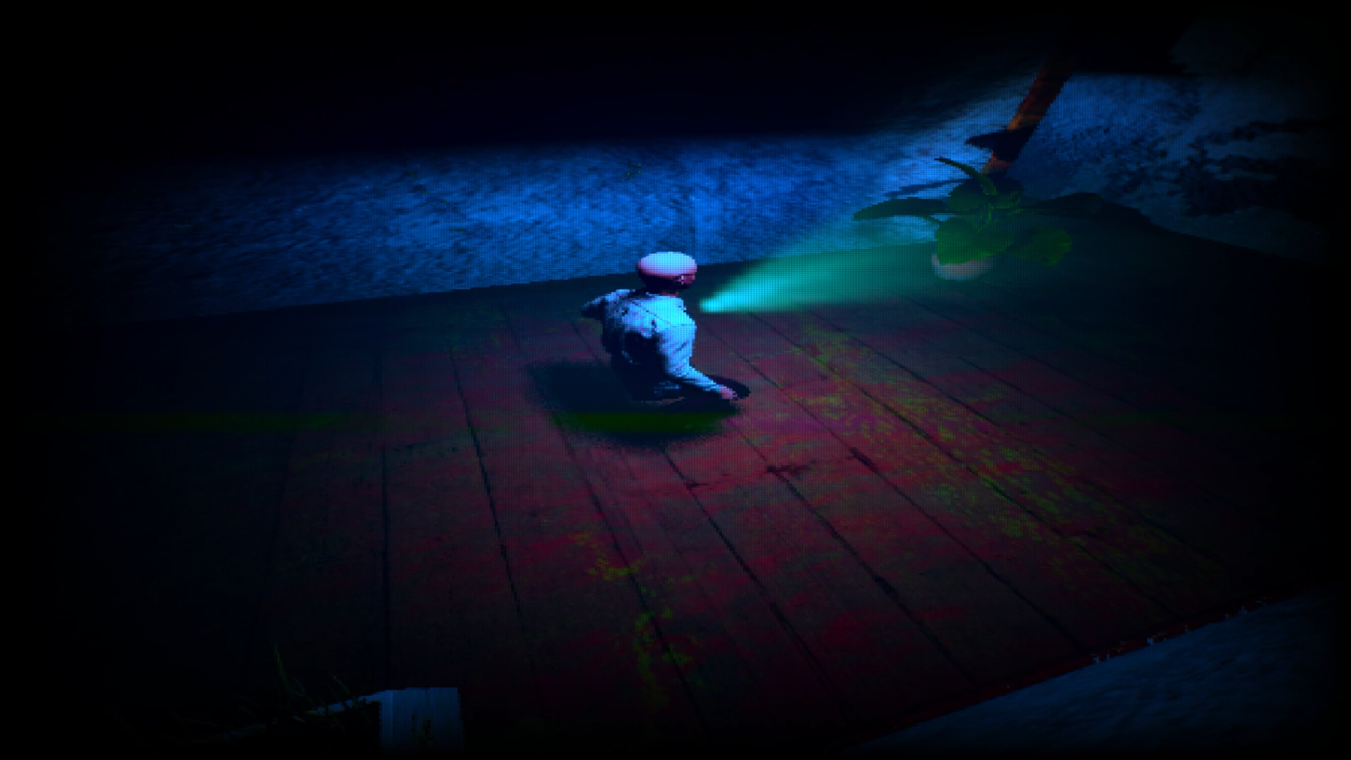 A dark prototype screenshot showing the player checking shadows for danger.