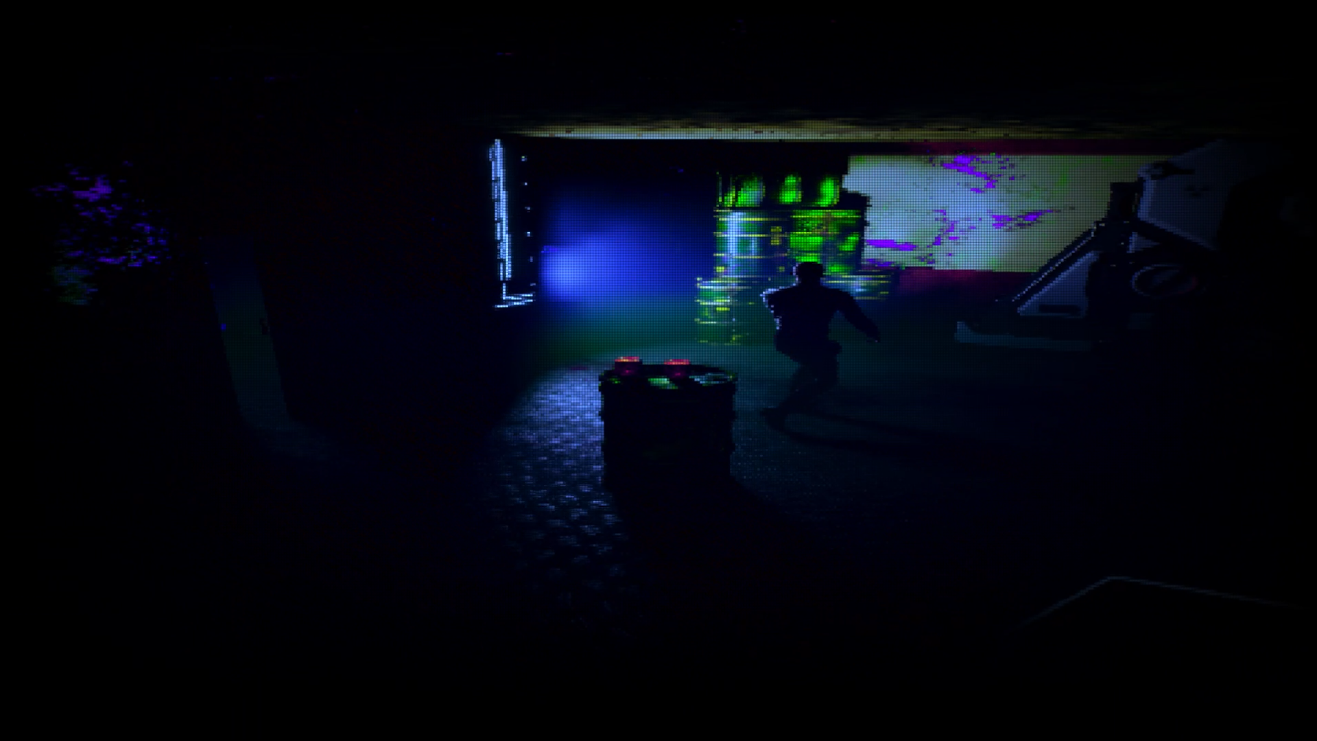 A dark laboratory entrance from the prototype build of The Promethean Project.