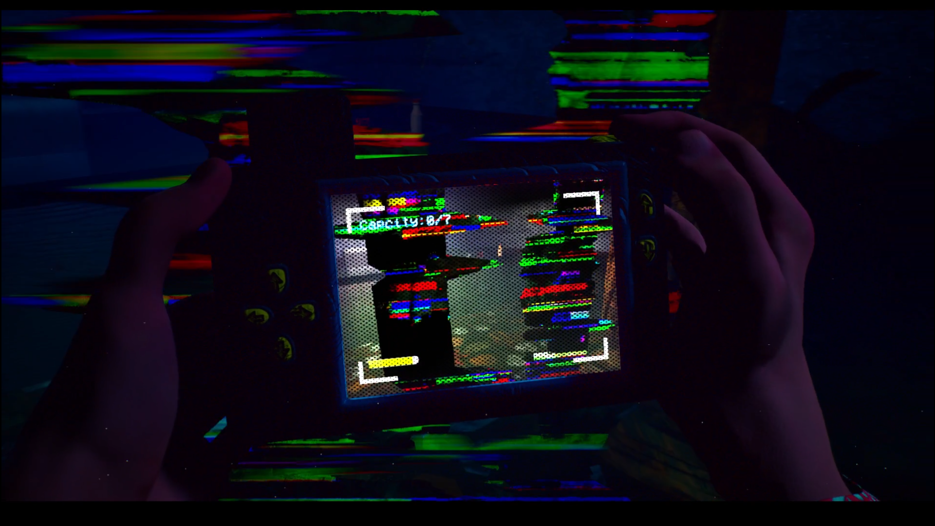 A prototype screenshot showing distorted glowing columns in a dark facility space.