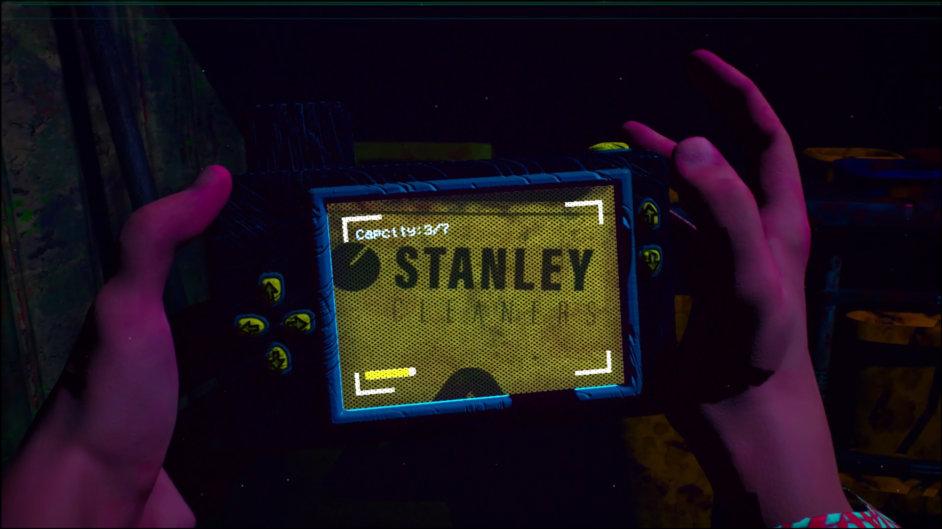 A prototype screenshot from inside a closet hiding space.