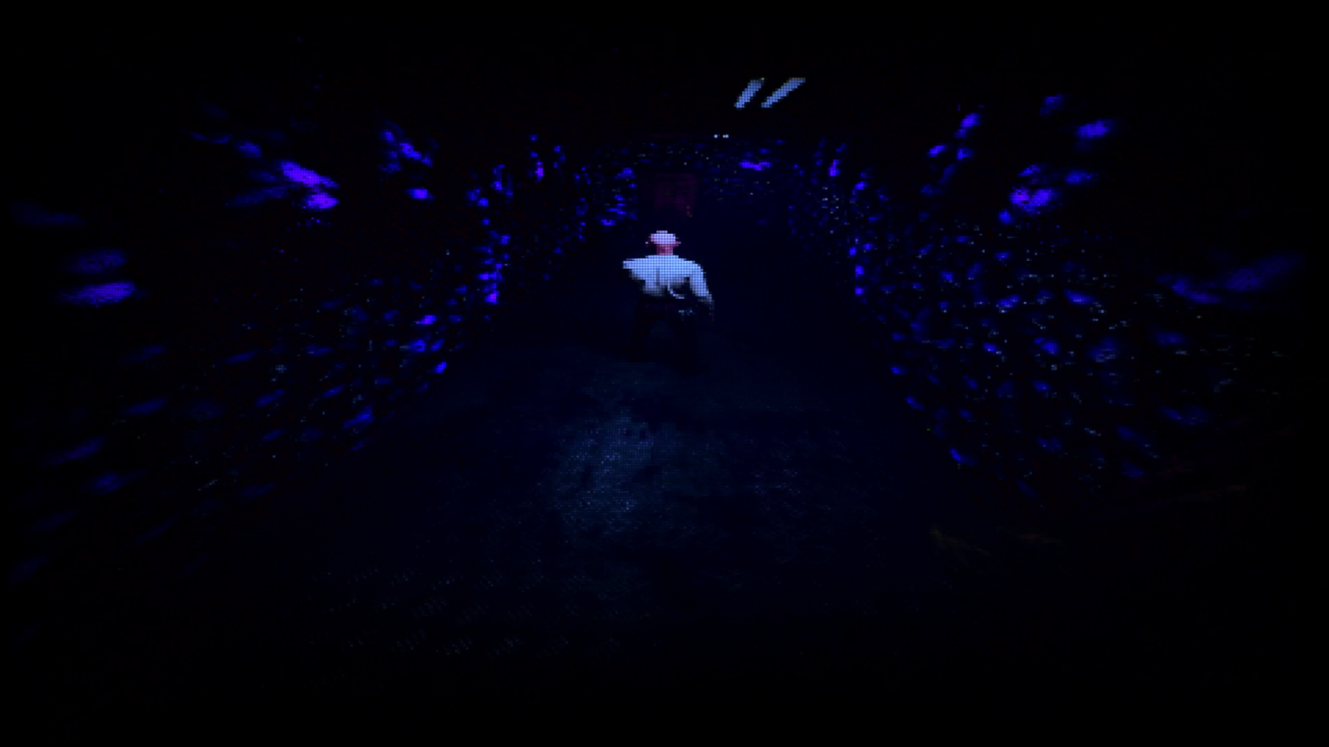 A dark corridor pulsing with purple light, showing a doorway.